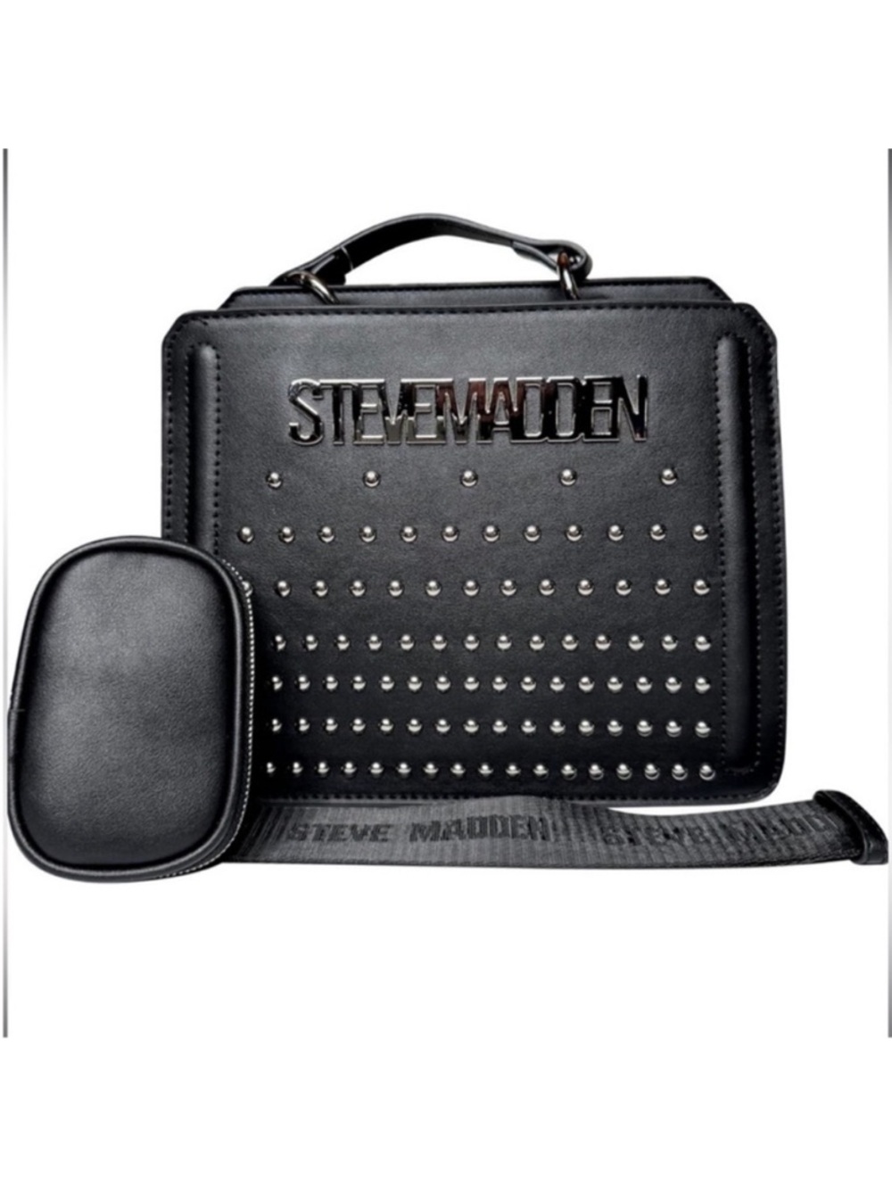 Steve Madden Black Metallic Silver Studded Convertible Crossbody Bag